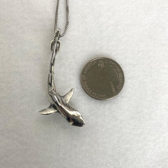 VTG Sterling Silver 925 3 Dimensional Great White Shark Pendant Necklace 24" - Picture 3 of 16